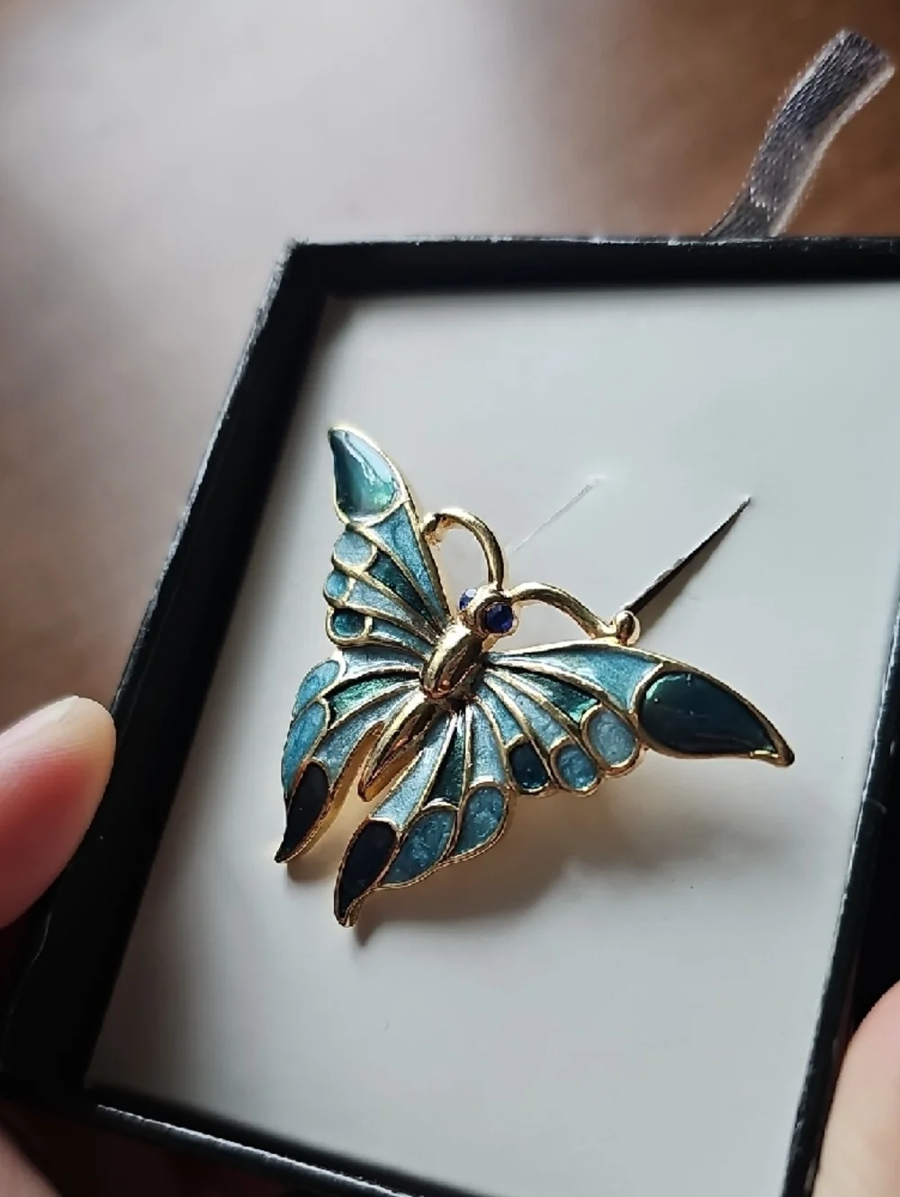 NIB Vintage Gold Tone Blue Enamel Butterfly Brooch